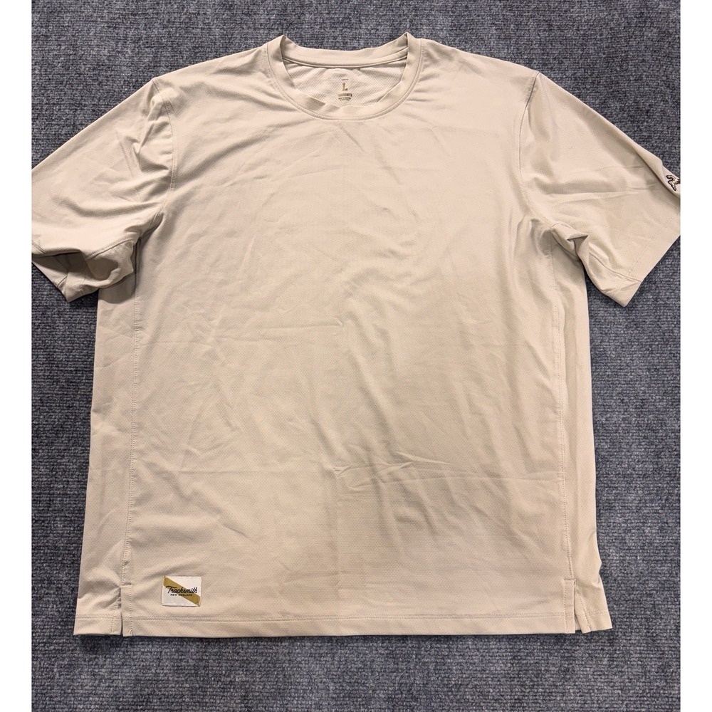 Tracksmith Session Tee Men's Large Beige Tan Performance Running Shirt Hare Logo